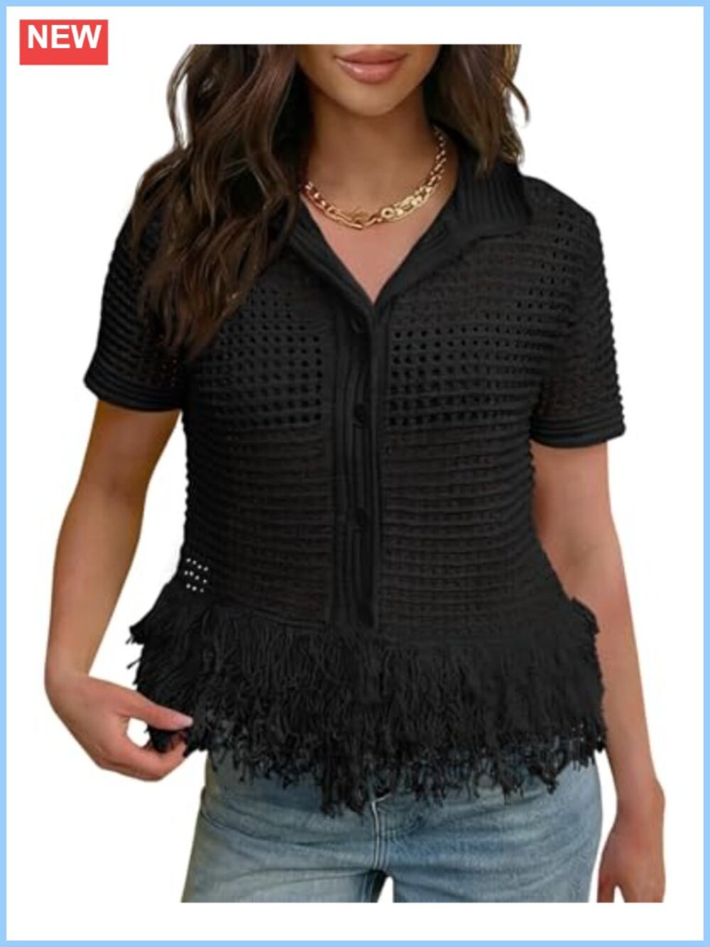 Fisoew Crochet Knit Cardigan Short Sleeve Button Up Fringe Hem Boho Sweater